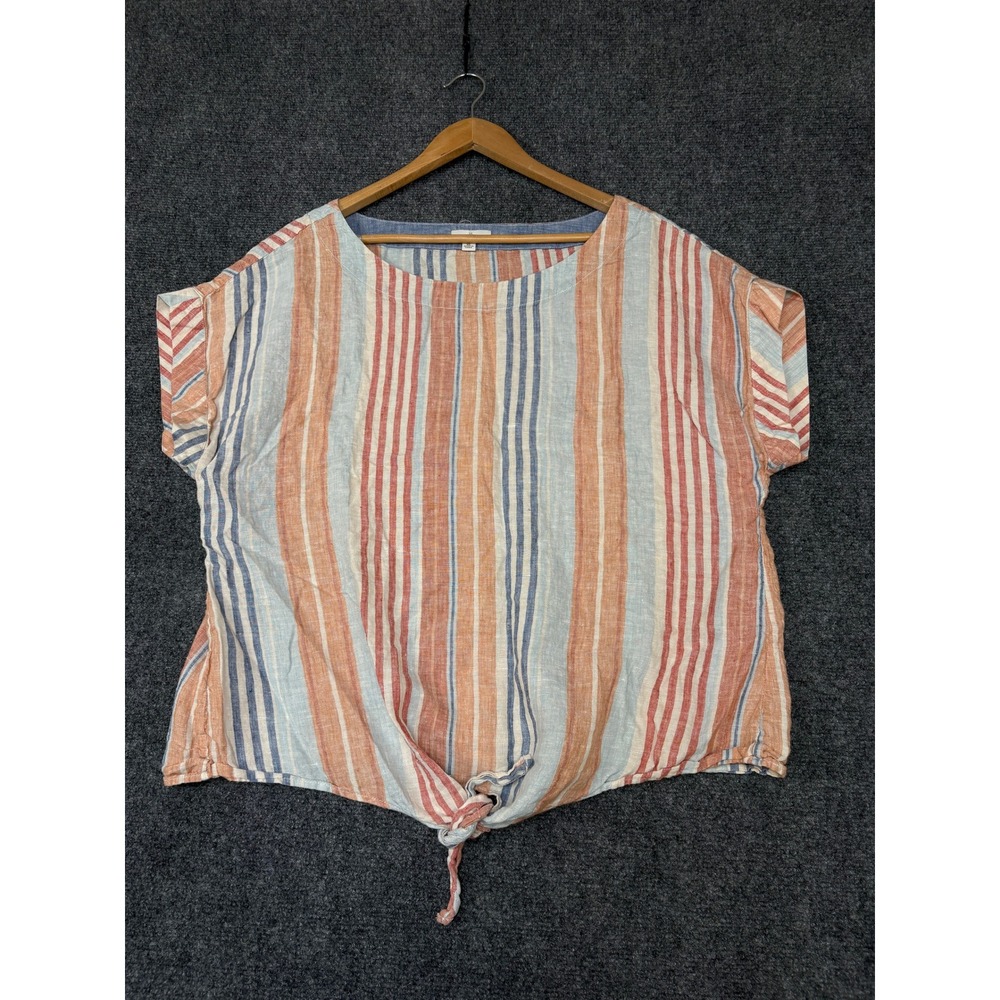 L.L. Bean Signature Top Women XL Multi-Color Excellent Linen Striped Tie Front